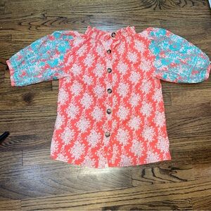 Orange and Blue Floral Blouse with Balloon embroidered flowered sleeves
